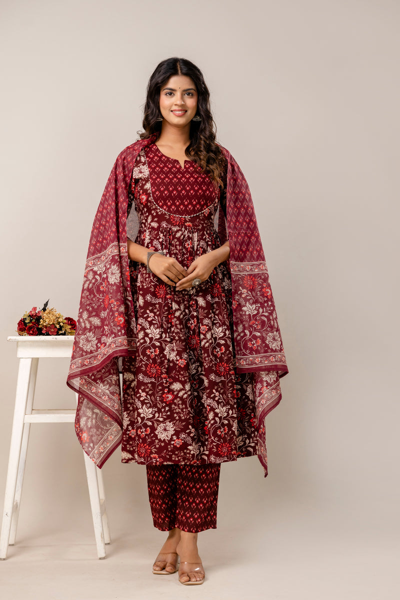 Women Floral Print Viscose Rayon Ethnic Dress With Attached Dupatta