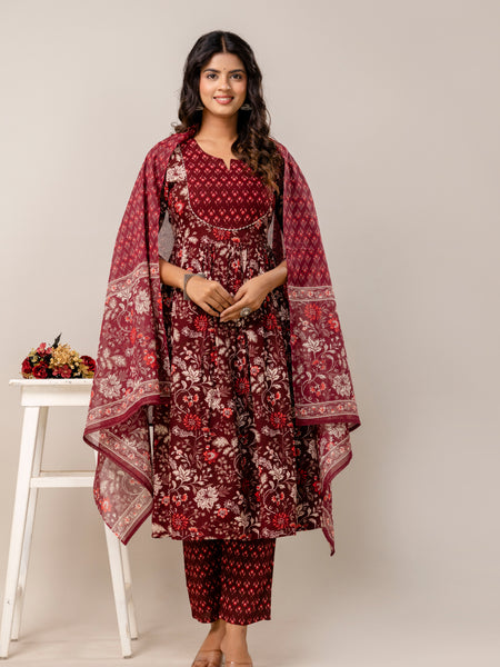 Women Floral Print Viscose Rayon Ethnic Dress With Attached Dupatta