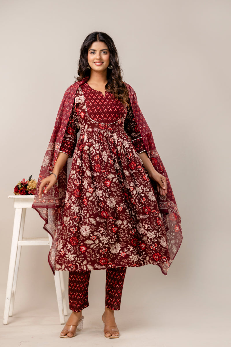 Women Floral Print Viscose Rayon Ethnic Dress With Attached Dupatta