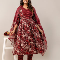 Women Floral Print Viscose Rayon Ethnic Dress With Attached Dupatta