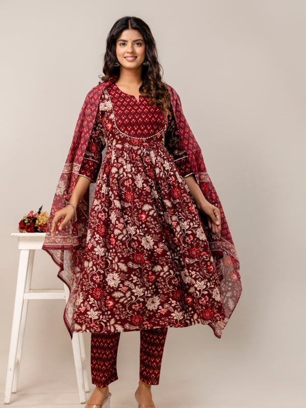 Women Floral Print Viscose Rayon Ethnic Dress With Attached Dupatta
