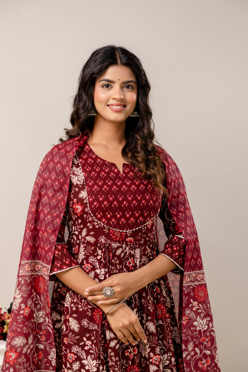 Women Floral Print Viscose Rayon Ethnic Dress With Attached Dupatta