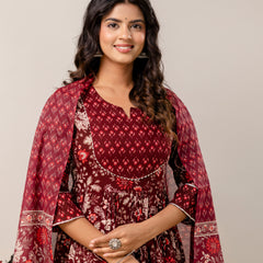 Women Floral Print Viscose Rayon Ethnic Dress With Attached Dupatta