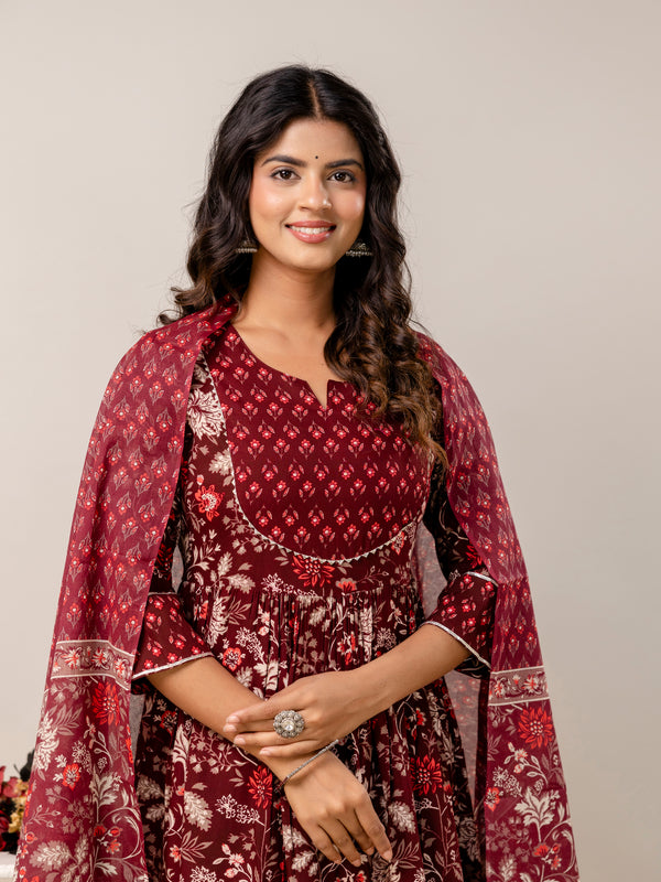 Women Floral Print Viscose Rayon Ethnic Dress With Attached Dupatta