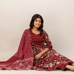 Women Floral Print Viscose Rayon Ethnic Dress With Attached Dupatta