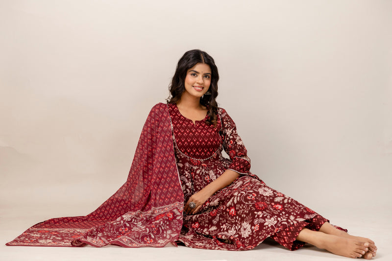 Women Floral Print Viscose Rayon Ethnic Dress With Attached Dupatta