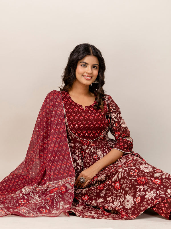Women Floral Print Viscose Rayon Ethnic Dress With Attached Dupatta