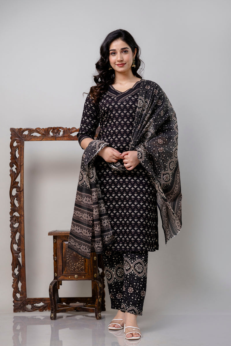 Women Printed A-Line Kurta With Pants & Dupatta