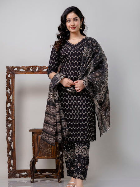 Women Printed A-Line Kurta With Pants & Dupatta