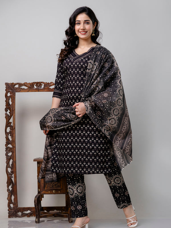 Women Printed A-Line Kurta With Pants & Dupatta