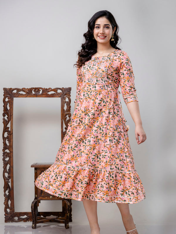 Women Ethnic Motifs Printed Flared Sleeves Mirror Work Floral Anarkali Kurta