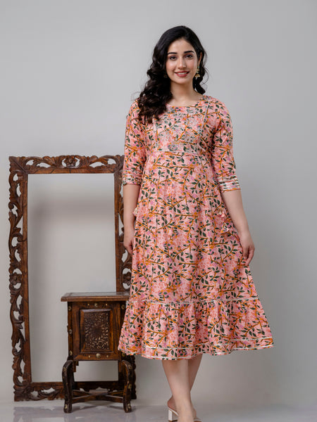 Women Ethnic Motifs Printed Flared Sleeves Mirror Work Floral Anarkali Kurta