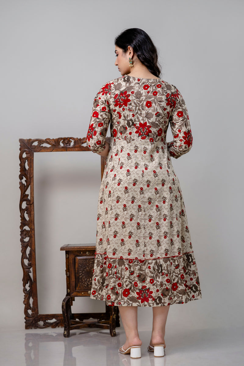 Women's Pure Cotton Floral Print Cream Maxi Dress