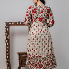 Women's Pure Cotton Floral Print Cream Maxi Dress