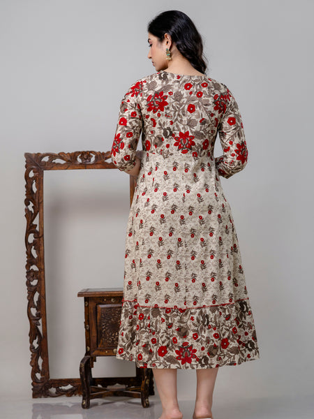 Women's Pure Cotton Floral Print Cream Maxi Dress