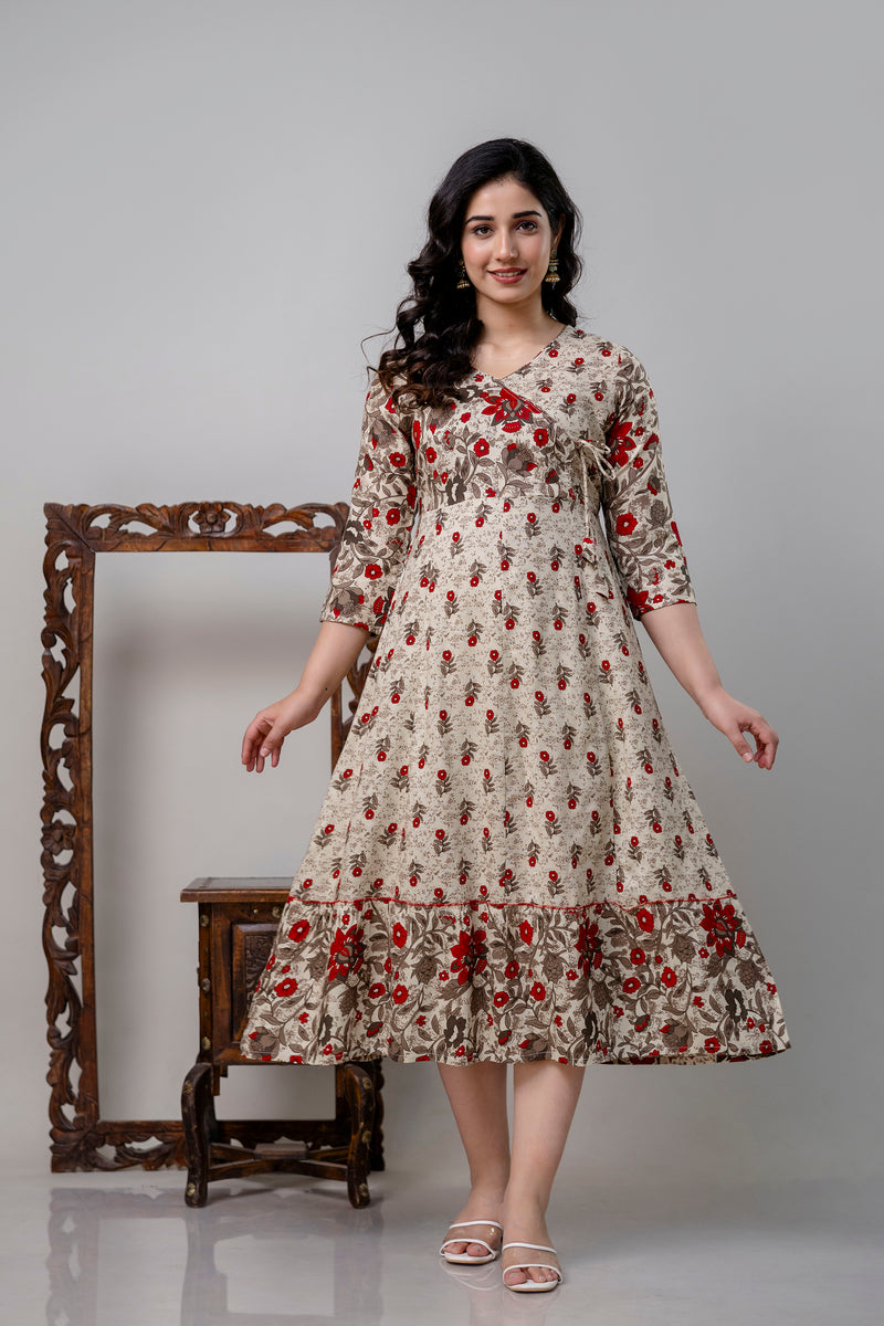 Women's Pure Cotton Floral Print Cream Maxi Dress