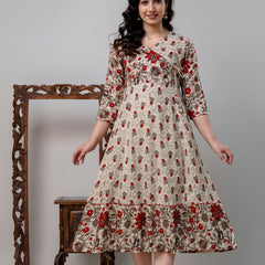 Women's Pure Cotton Floral Print Cream Maxi Dress