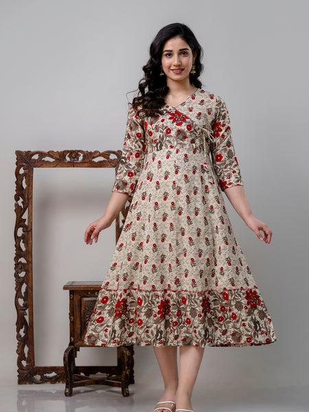 Women's Pure Cotton Floral Print Cream Maxi Dress