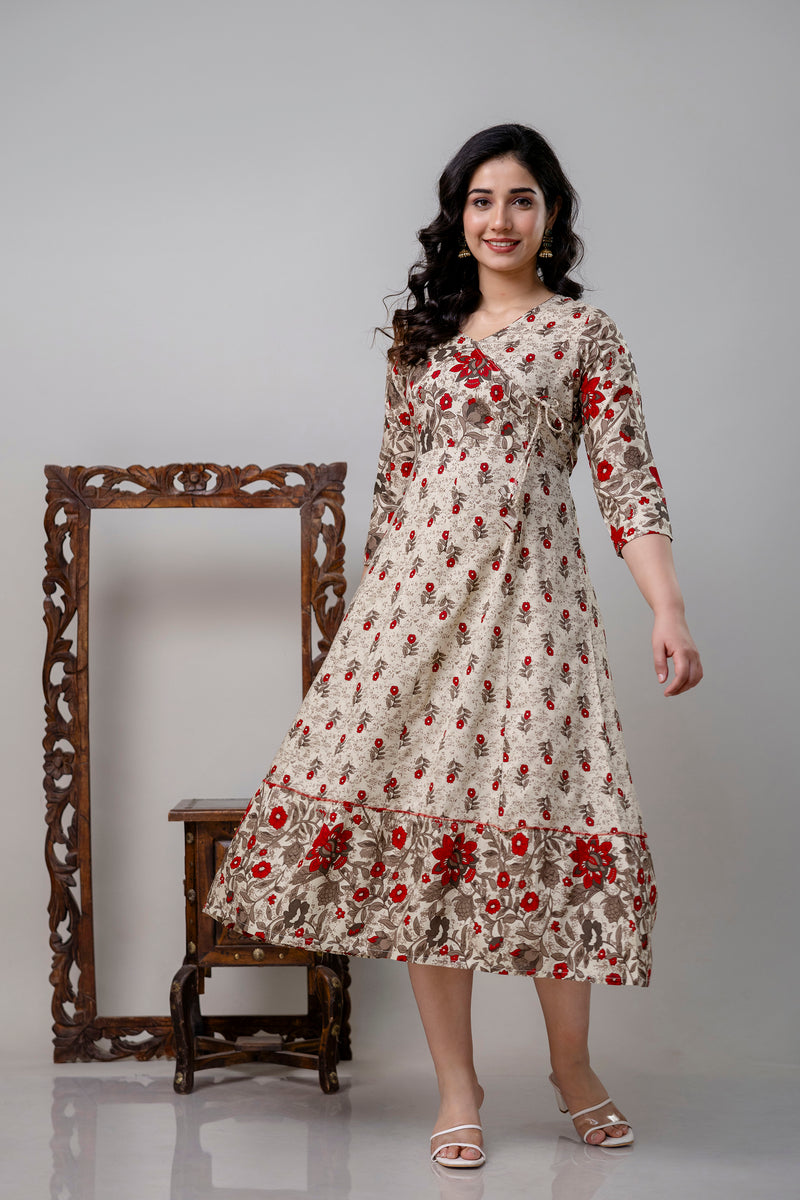 Women's Pure Cotton Floral Print Cream Maxi Dress
