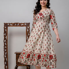 Women's Pure Cotton Floral Print Cream Maxi Dress
