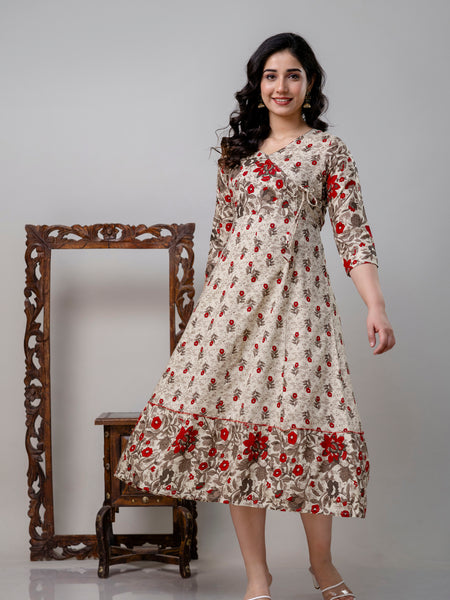 Women's Pure Cotton Floral Print Cream Maxi Dress