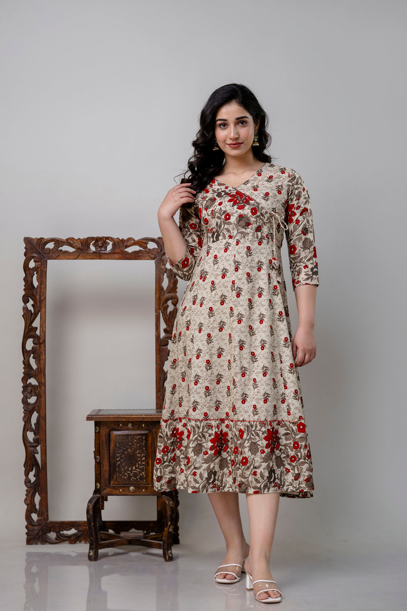 Women's Pure Cotton Floral Print Cream Maxi Dress