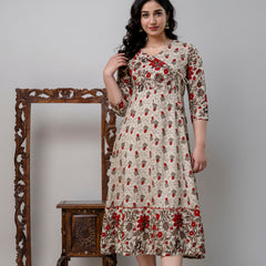 Women's Pure Cotton Floral Print Cream Maxi Dress