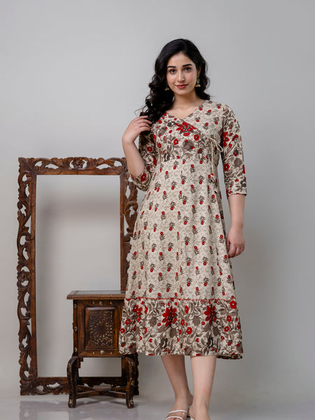 Women's Pure Cotton Floral Print Cream Maxi Dress