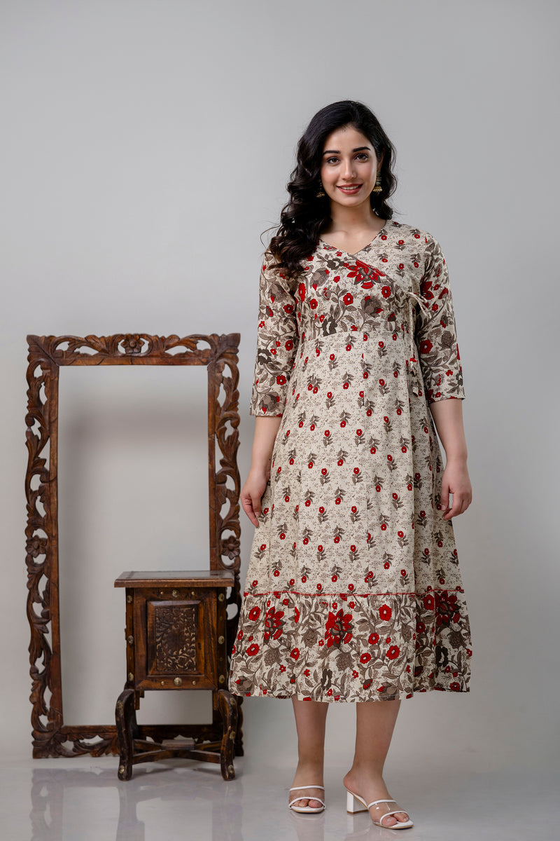 Women's Pure Cotton Floral Print Cream Maxi Dress