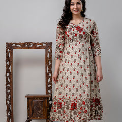 Women's Pure Cotton Floral Print Cream Maxi Dress
