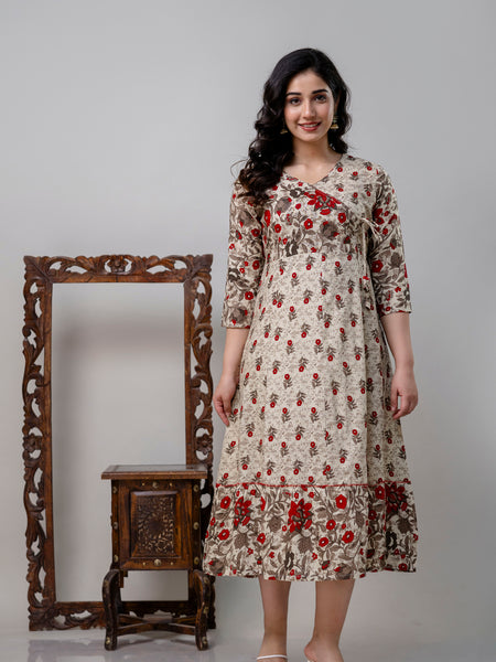 Women's Pure Cotton Floral Print Cream Maxi Dress