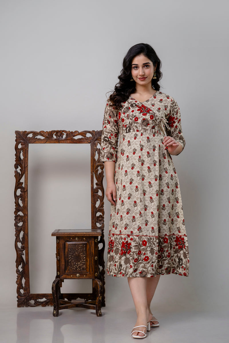 Women's Pure Cotton Floral Print Cream Maxi Dress