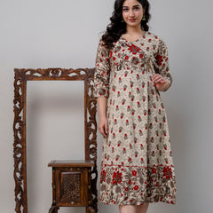 Women's Pure Cotton Floral Print Cream Maxi Dress