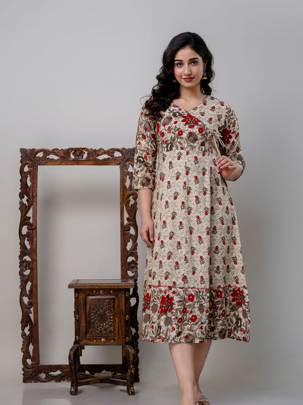 Women's Pure Cotton Floral Print Cream Maxi Dress