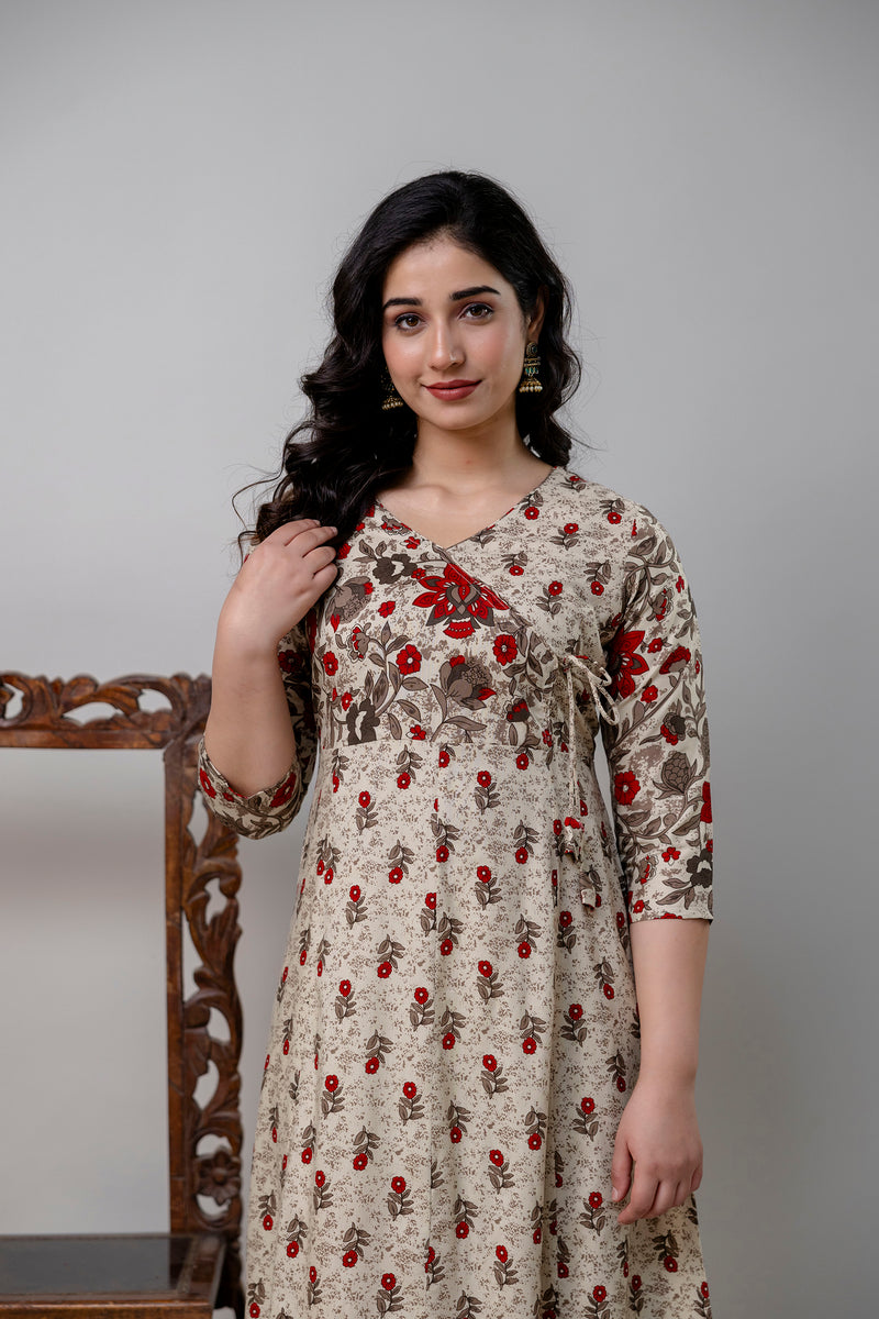 Women's Pure Cotton Floral Print Cream Maxi Dress