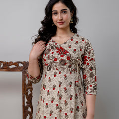 Women's Pure Cotton Floral Print Cream Maxi Dress
