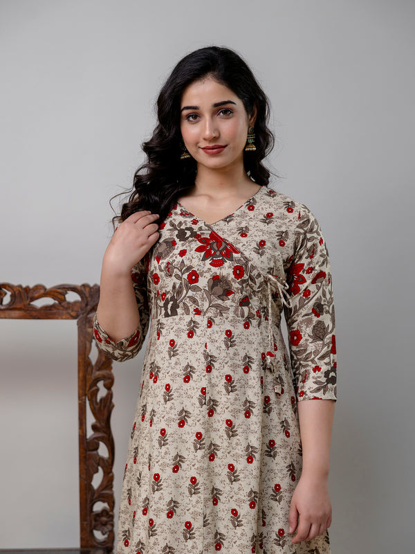 Women's Pure Cotton Floral Print Cream Maxi Dress