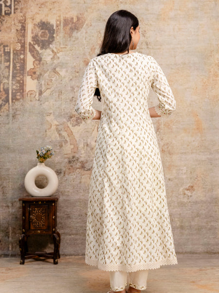 Hand Block Printed Pure Cotton Kurta with Trousers & Dupatta Set
