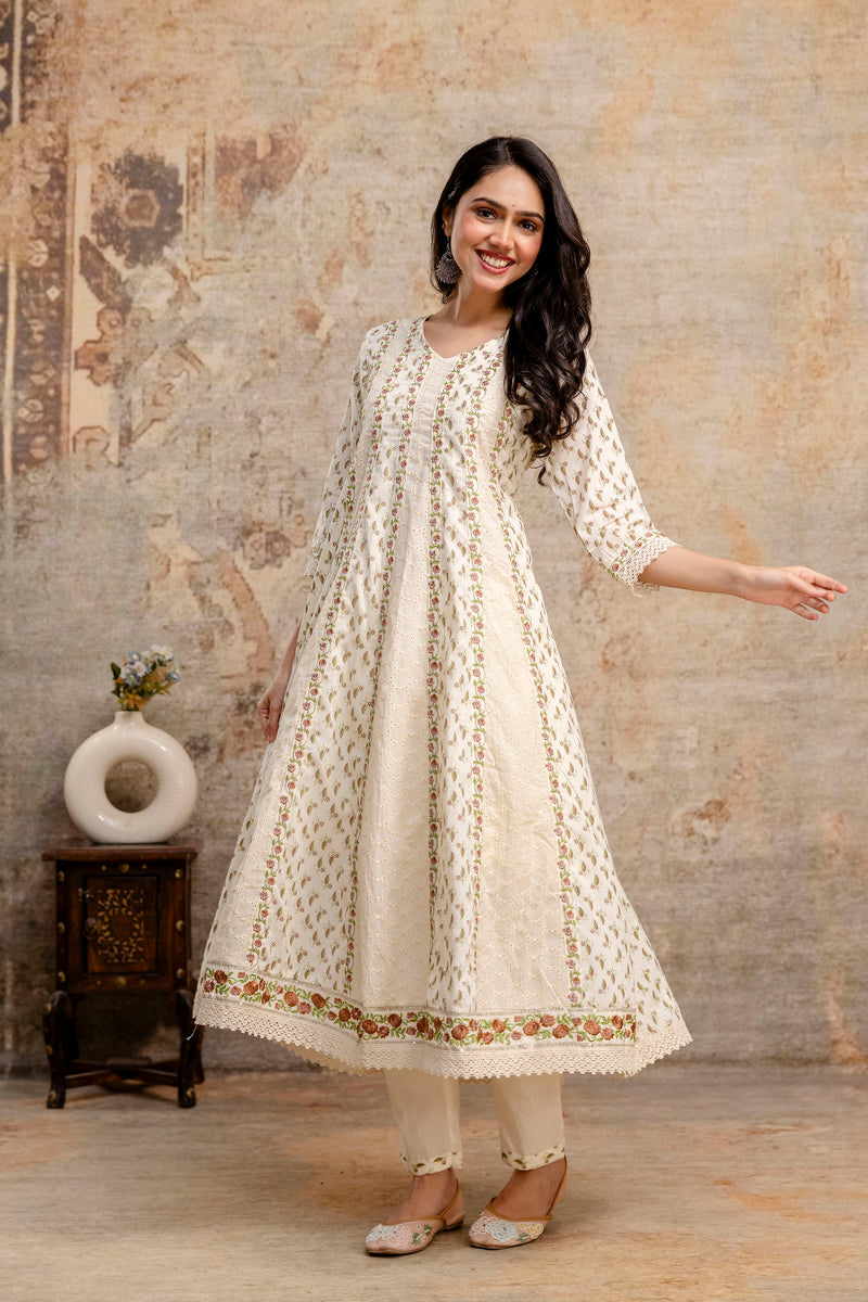 Hand Block Printed Pure Cotton Kurta with Trousers & Dupatta Set