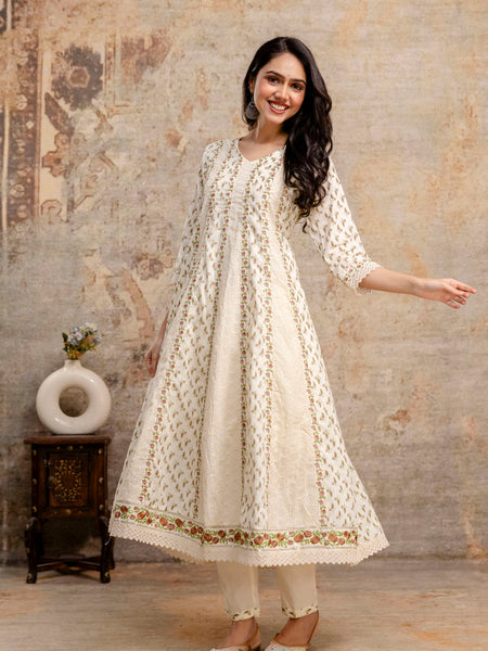 Hand Block Printed Pure Cotton Kurta with Trousers & Dupatta Set