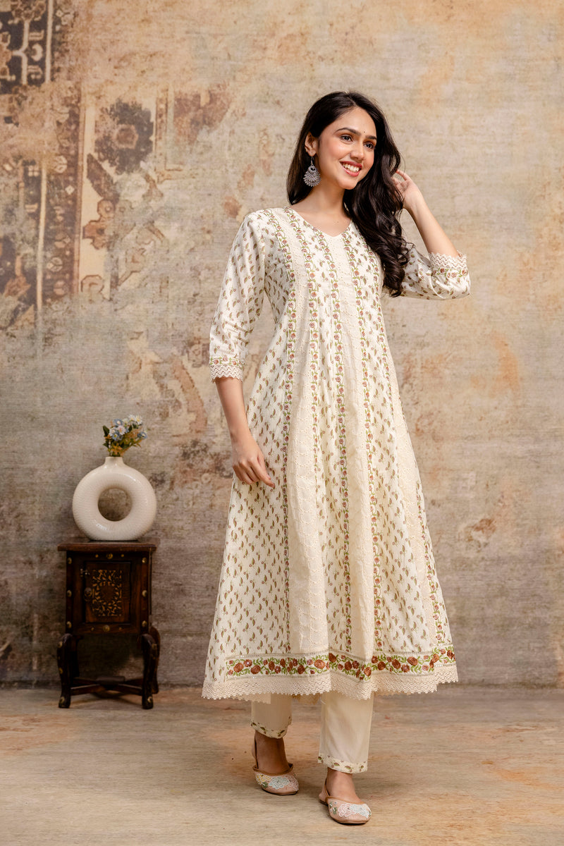 Hand Block Printed Pure Cotton Kurta with Trousers & Dupatta Set