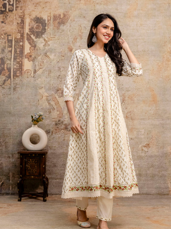 Hand Block Printed Pure Cotton Kurta with Trousers & Dupatta Set