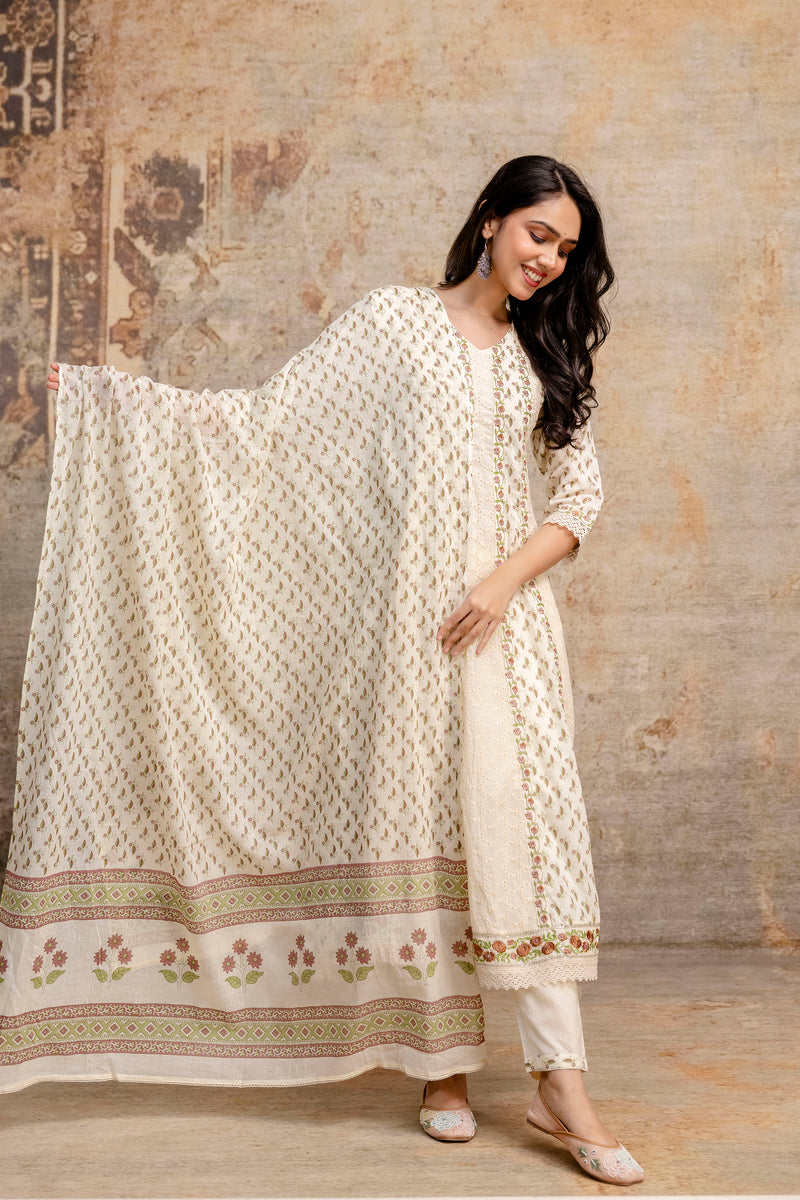Hand Block Printed Pure Cotton Kurta with Trousers & Dupatta Set