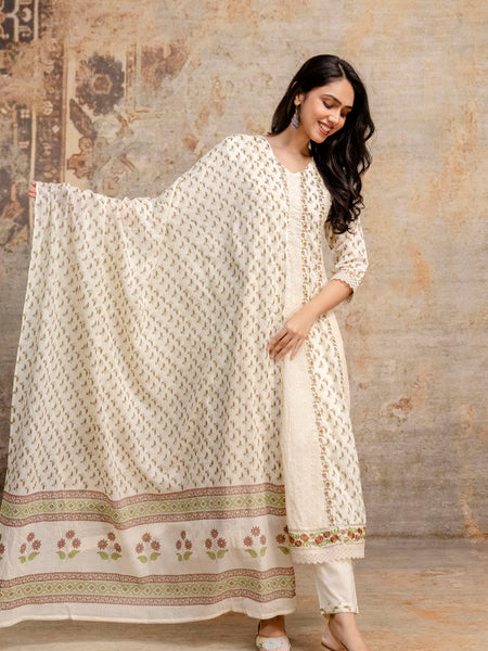 Hand Block Printed Pure Cotton Kurta with Trousers & Dupatta Set