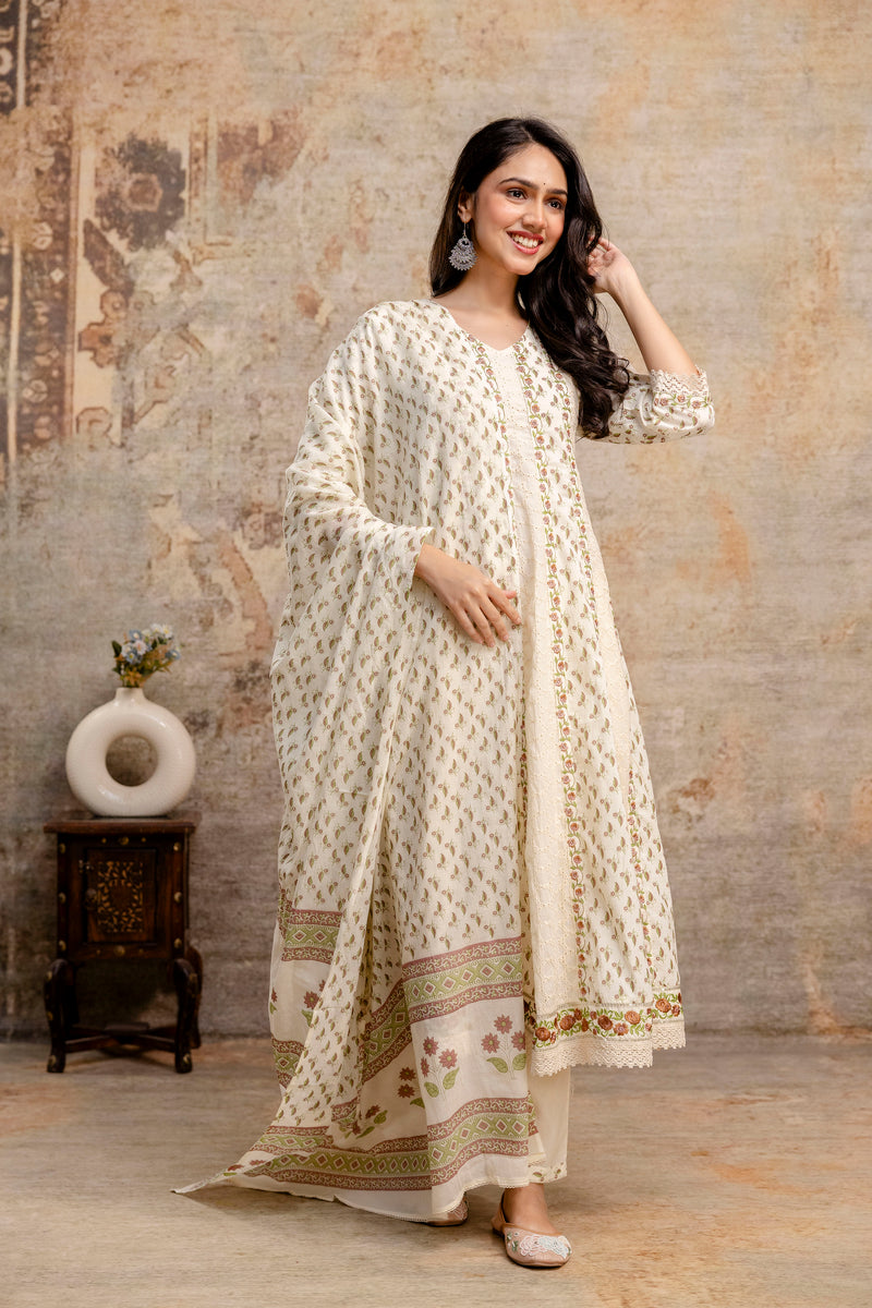 Hand Block Printed Pure Cotton Kurta with Trousers & Dupatta Set