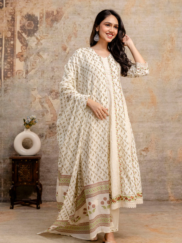 Hand Block Printed Pure Cotton Kurta with Trousers & Dupatta Set