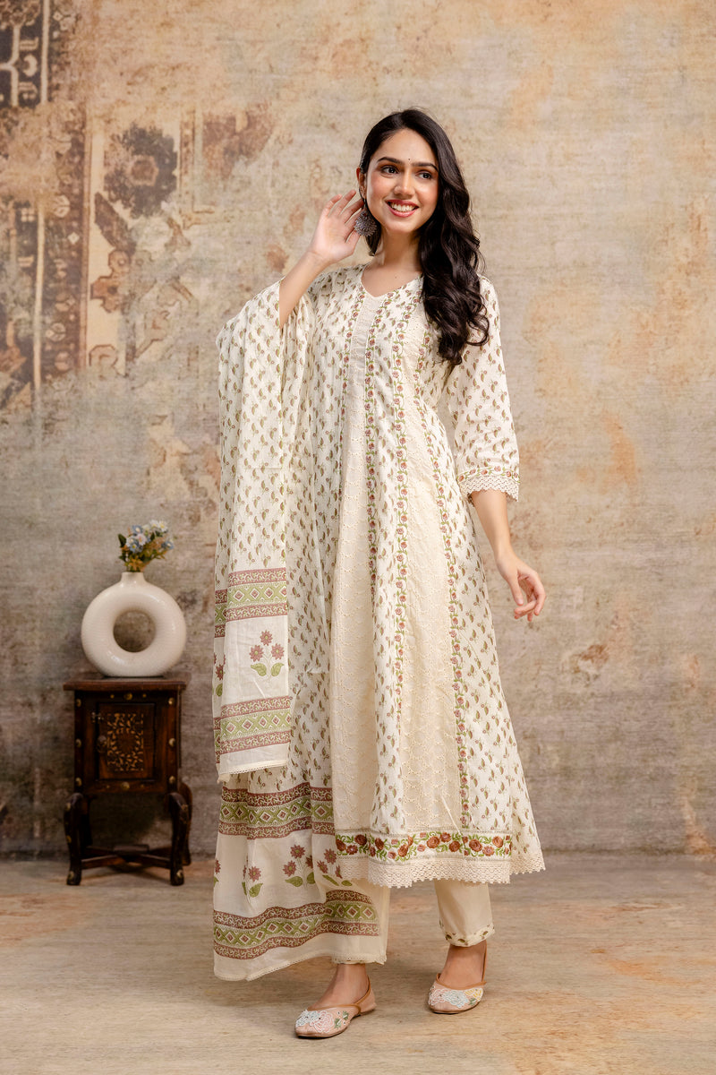 Hand Block Printed Pure Cotton Kurta with Trousers & Dupatta Set