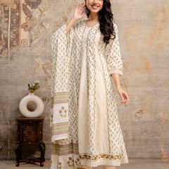 Hand Block Printed Pure Cotton Kurta with Trousers & Dupatta Set