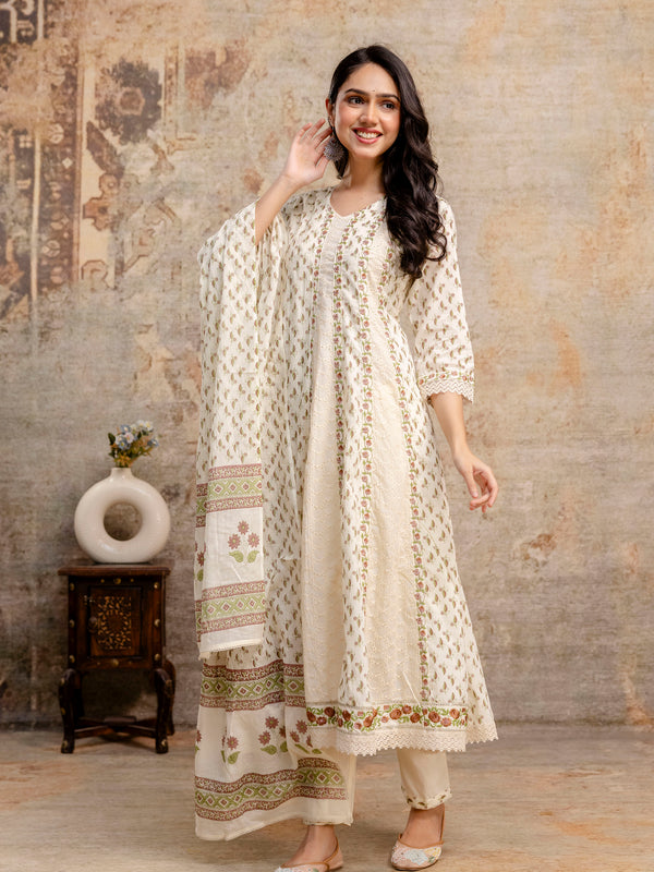 Hand Block Printed Pure Cotton Kurta with Trousers & Dupatta Set