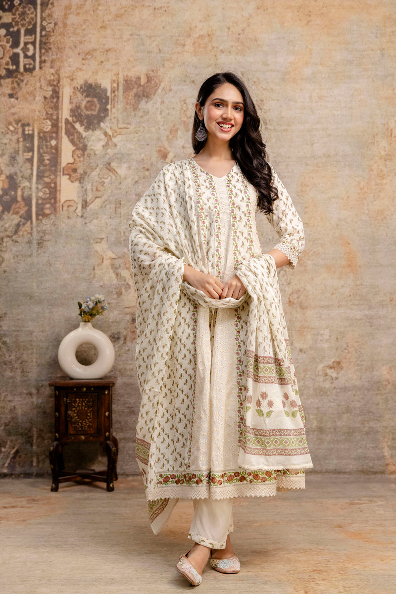 Hand Block Printed Pure Cotton Kurta with Trousers & Dupatta Set